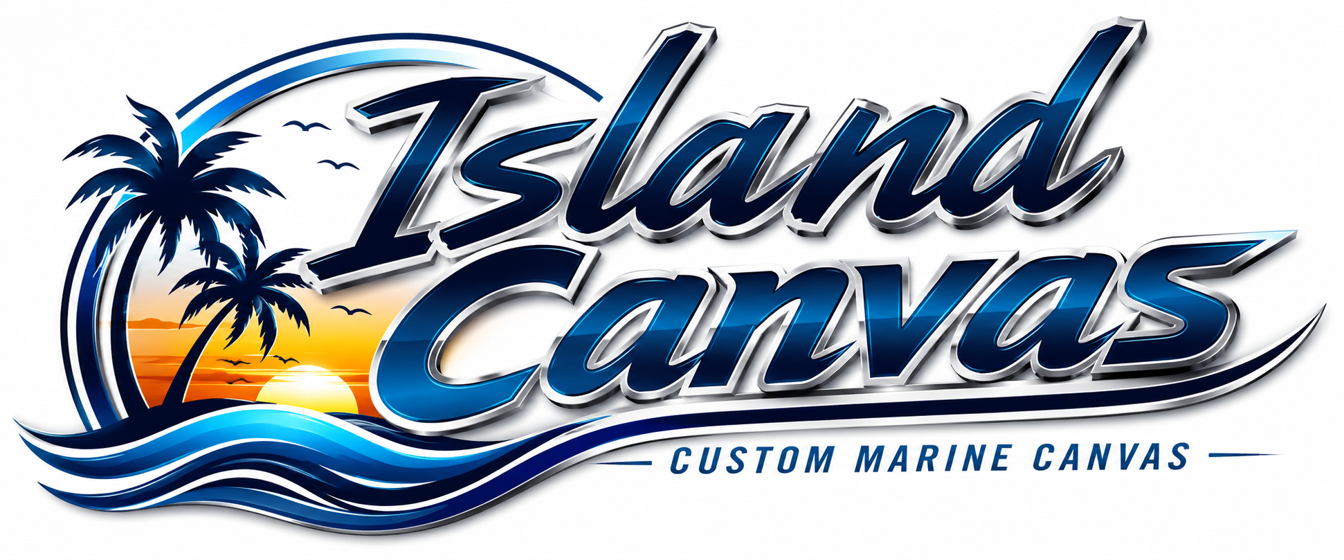 Logo for Island Canvas showing a sunset over the ocean with palm trees and seagulls, featuring bold blue and silver text and the caption 'Custom Marine Canvas'