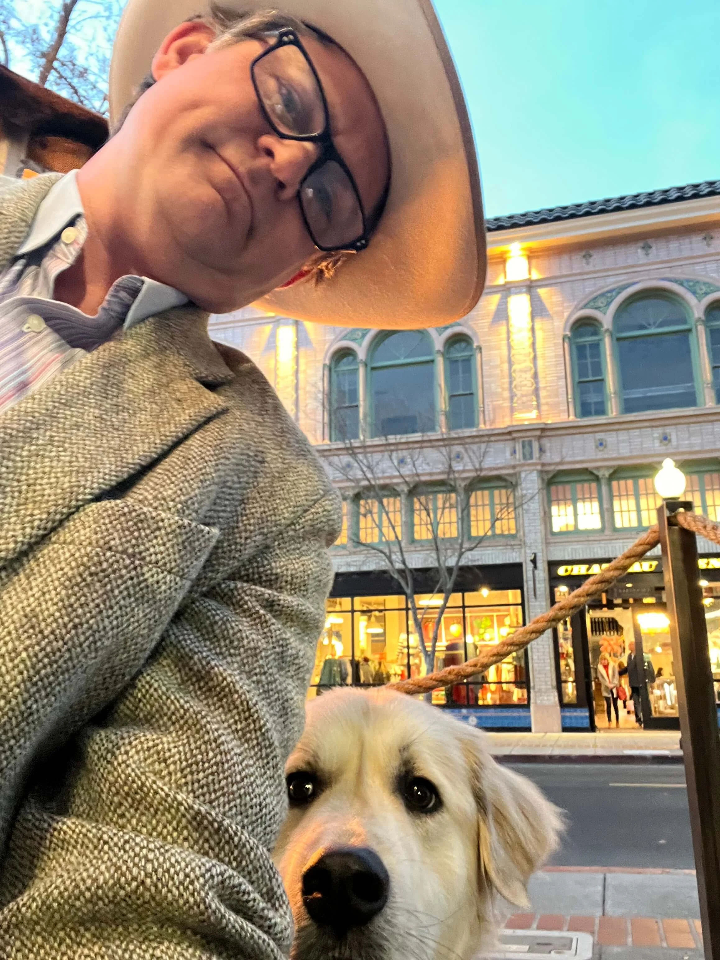 Jeremy and his loyal, furry club member in front of Scala Osteria in Napa California