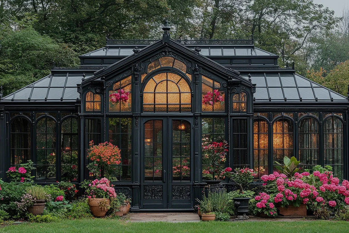 A black ornate Victorian-style greenhouse with glass panels, surrounded by potted pink and purple flowers, in a garden with trees in the background.