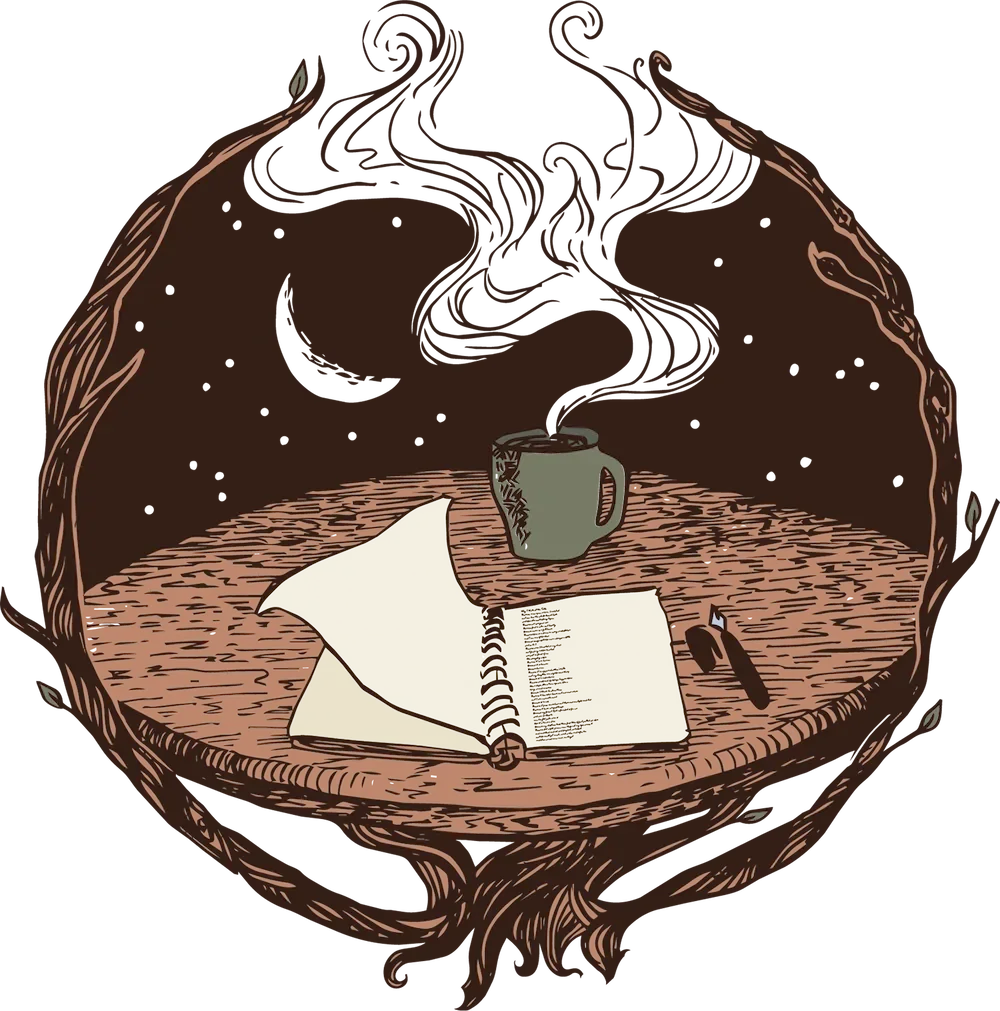A sketch of a round wooden desk with a notebook, a pen, a mug, and a paper bird sculpture on top.