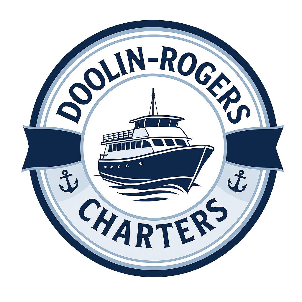 Logo for Doolin-Rogers Charters featuring a stylized illustration of a boat with the company name and anchors.