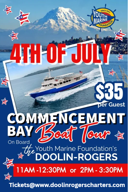 Poster promoting a 4th of July boat tour by Doolin-Rogers, featuring a yacht on the water with Mount Rainier in the background, decorated with American flags and event details.