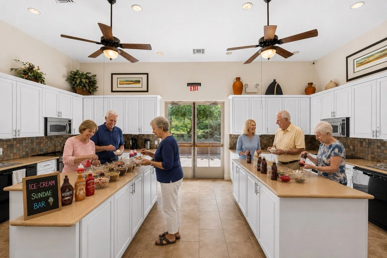 Residents gathering in the Solera Johnson Ranch community kitchen during a social event.