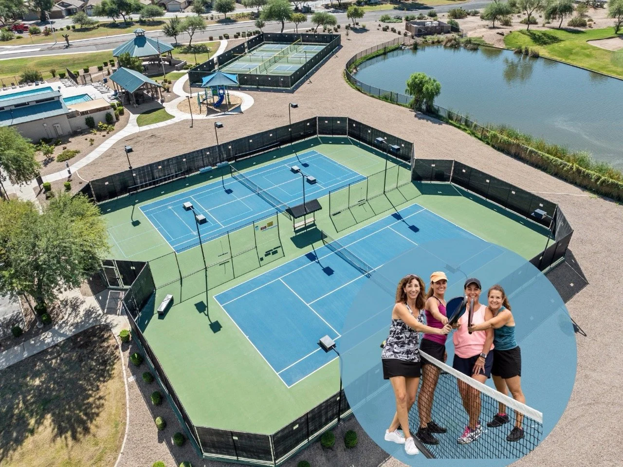 Aerial view of Johnson Ranch pickleball courts and recreation amenities available to Solera Johnson Ranch residents.