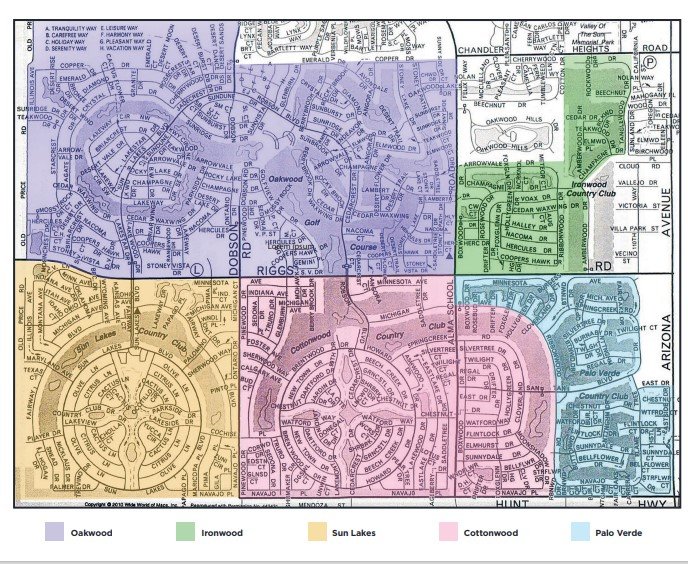 Map of the five Sun Lakes neighborhoods: Oakwood, Ironwood, Sun Lakes Country Club, Cottonwood, and Palo Verde in Sun Lakes, Arizona.