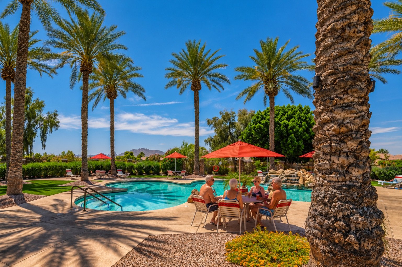Residents relaxing beside the resort-style pool at Trilogy at Power Ranch, a 55+ community in Gilbert, Arizona.