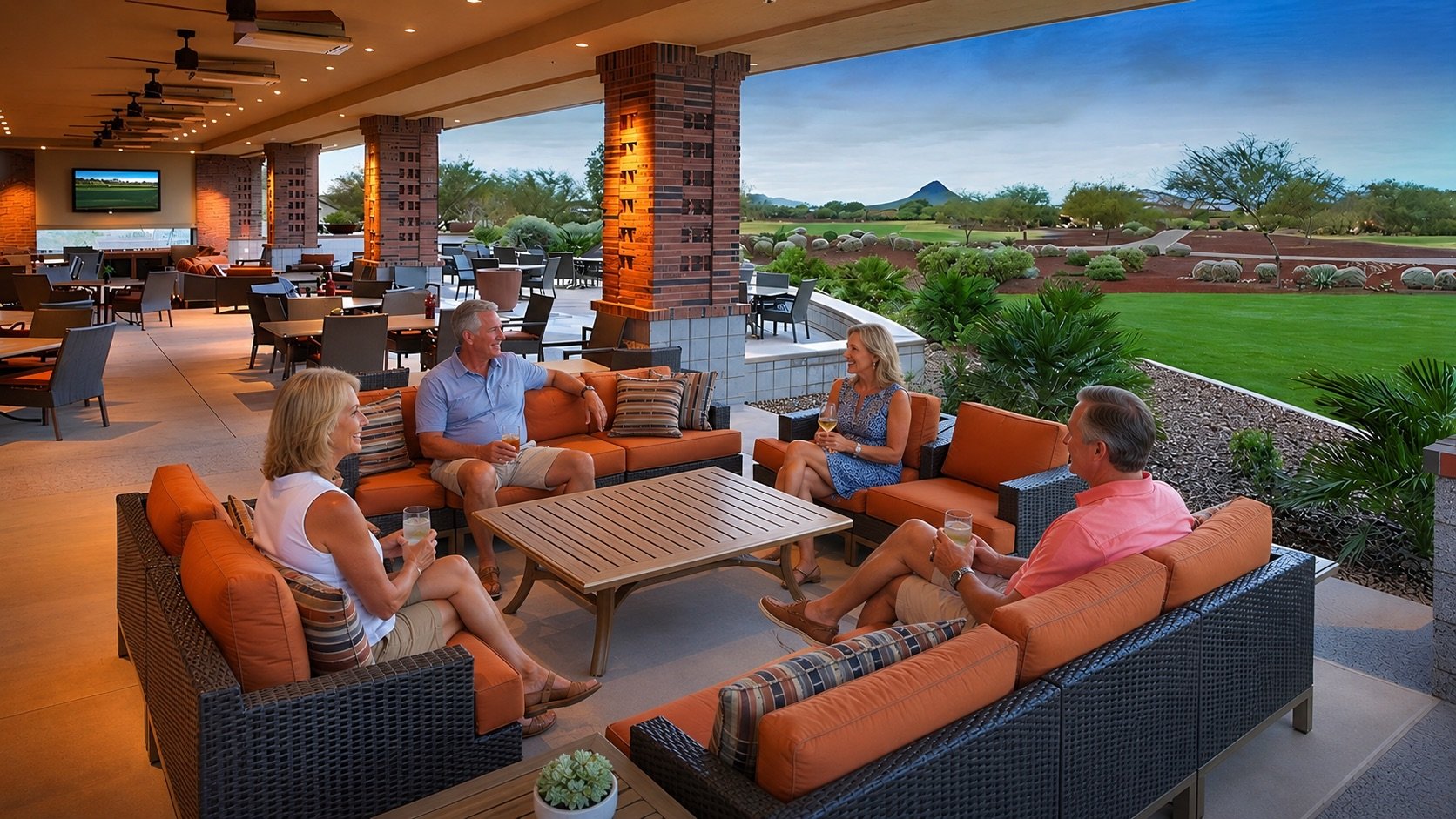 Residents relaxing on the patio at Poston Butte Grille overlooking the golf course in Sun City Anthem at Merrill Ranch.