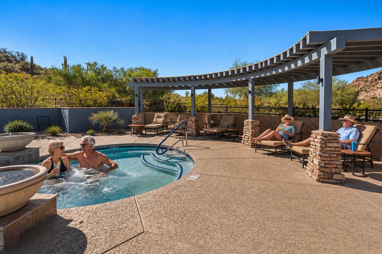 Residents relaxing in the spa and outdoor seating area at Solera Johnson Ranch with San Tan Mountain views.