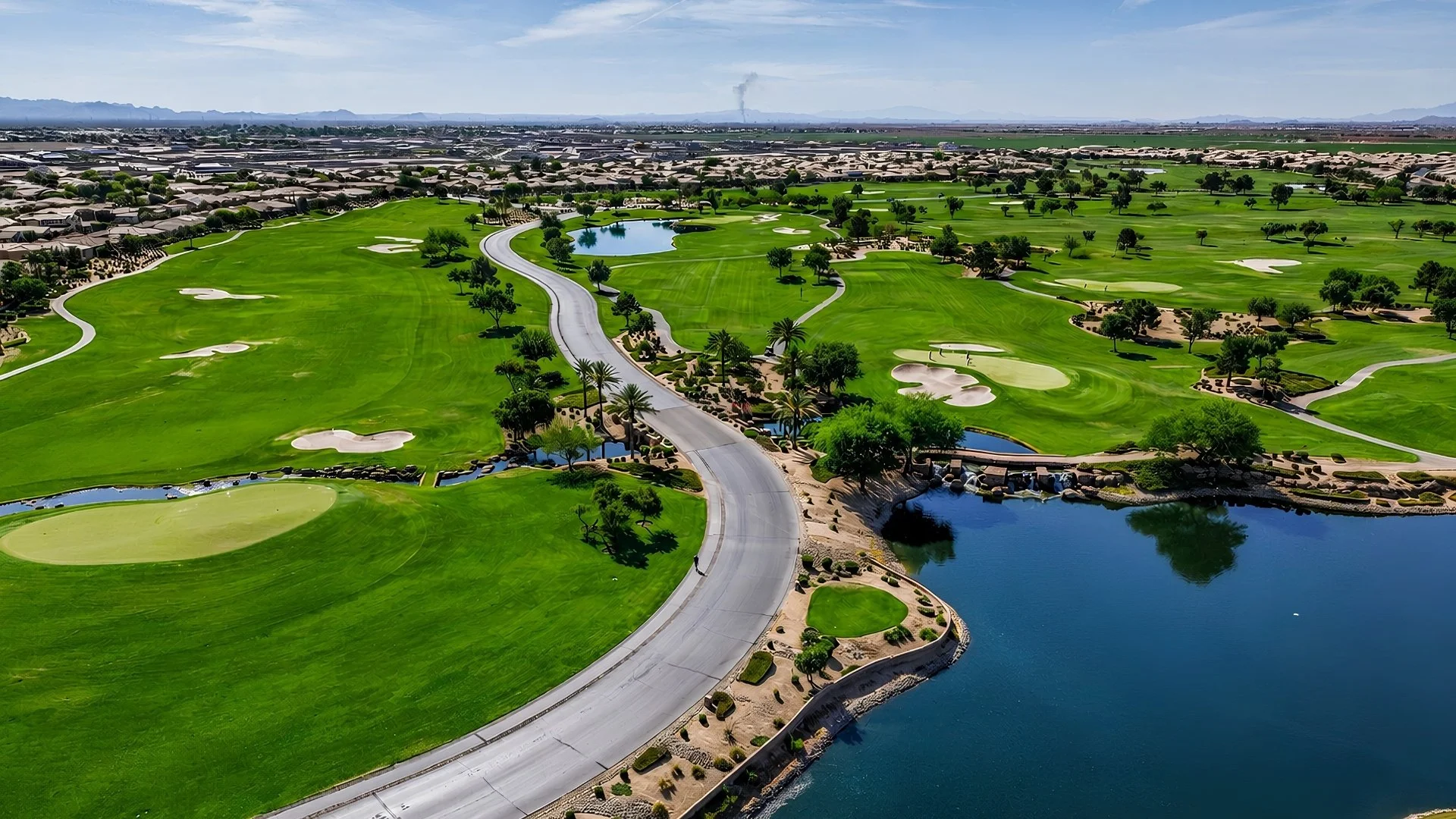 Scenic drive through the golf course leading to La Casa clubhouse at Encanterra in Queen Creek, Arizona.