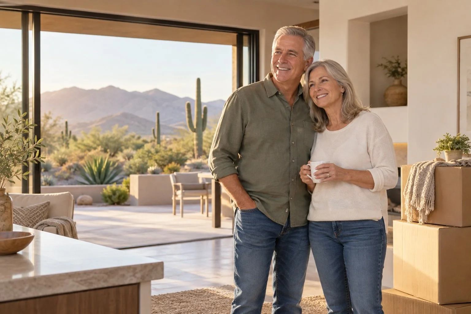Active couple downsizing to a new Arizona home with moving boxes and Sonoran Desert views.