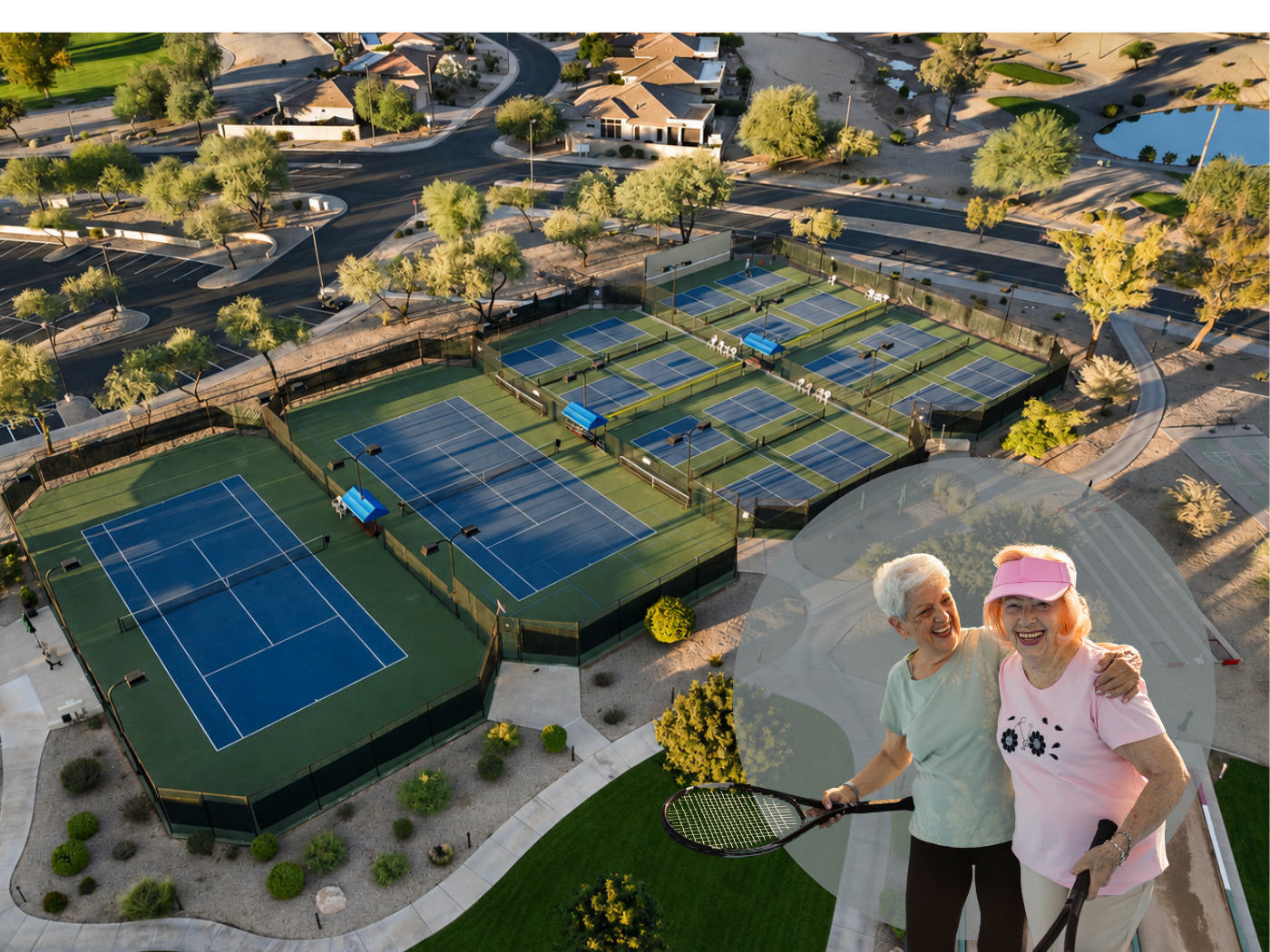 Aerial view of the tennis and pickleball courts at Solera Chandler, a 55+ community in Chandler, Arizona.