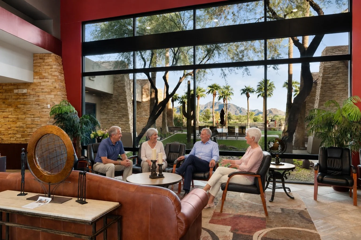 Residents socializing in the clubhouse gathering area at Solera Chandler in Chandler, Arizona.