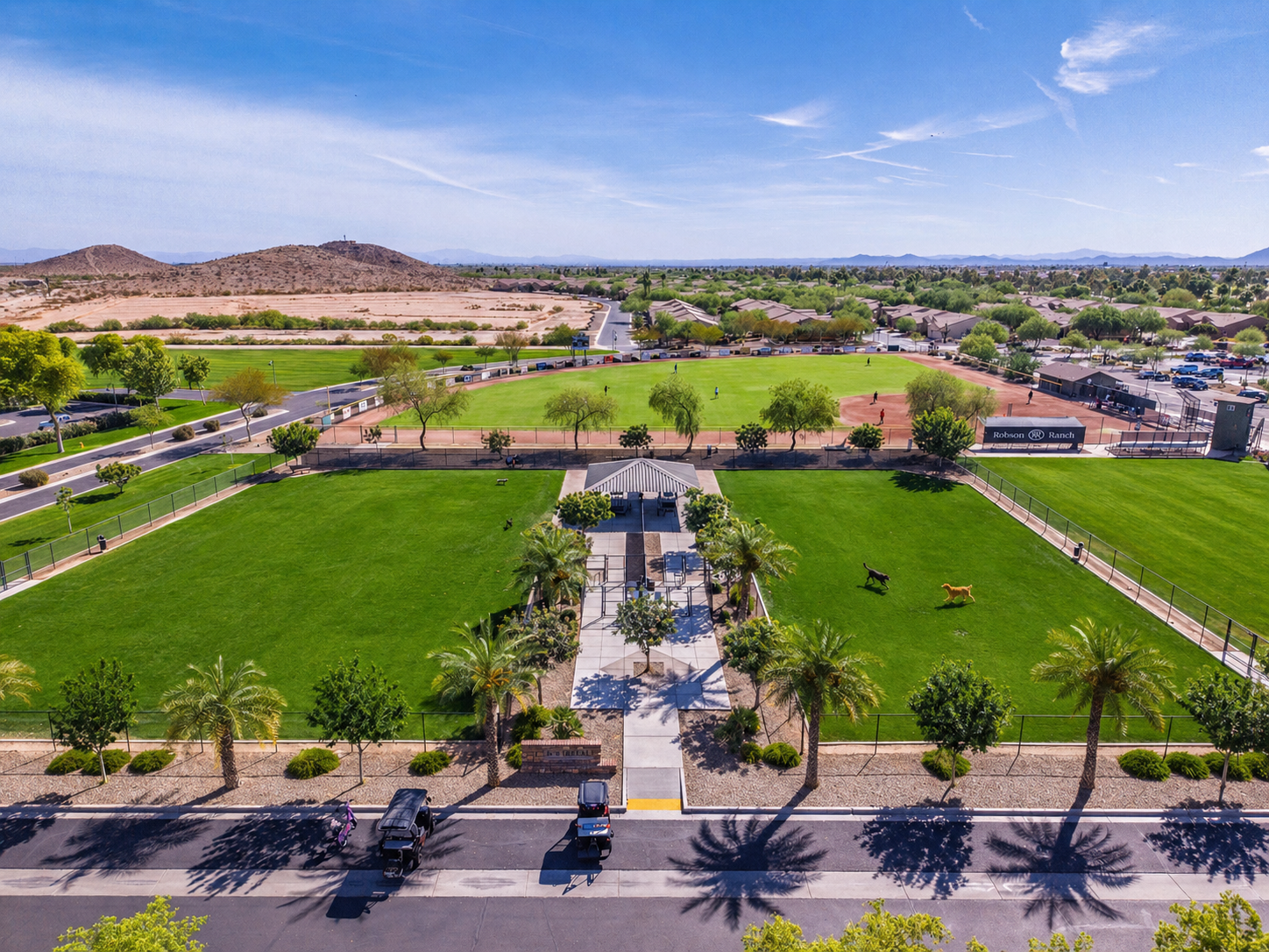 Aerial view of Robson Ranch Dog Park and softball field.