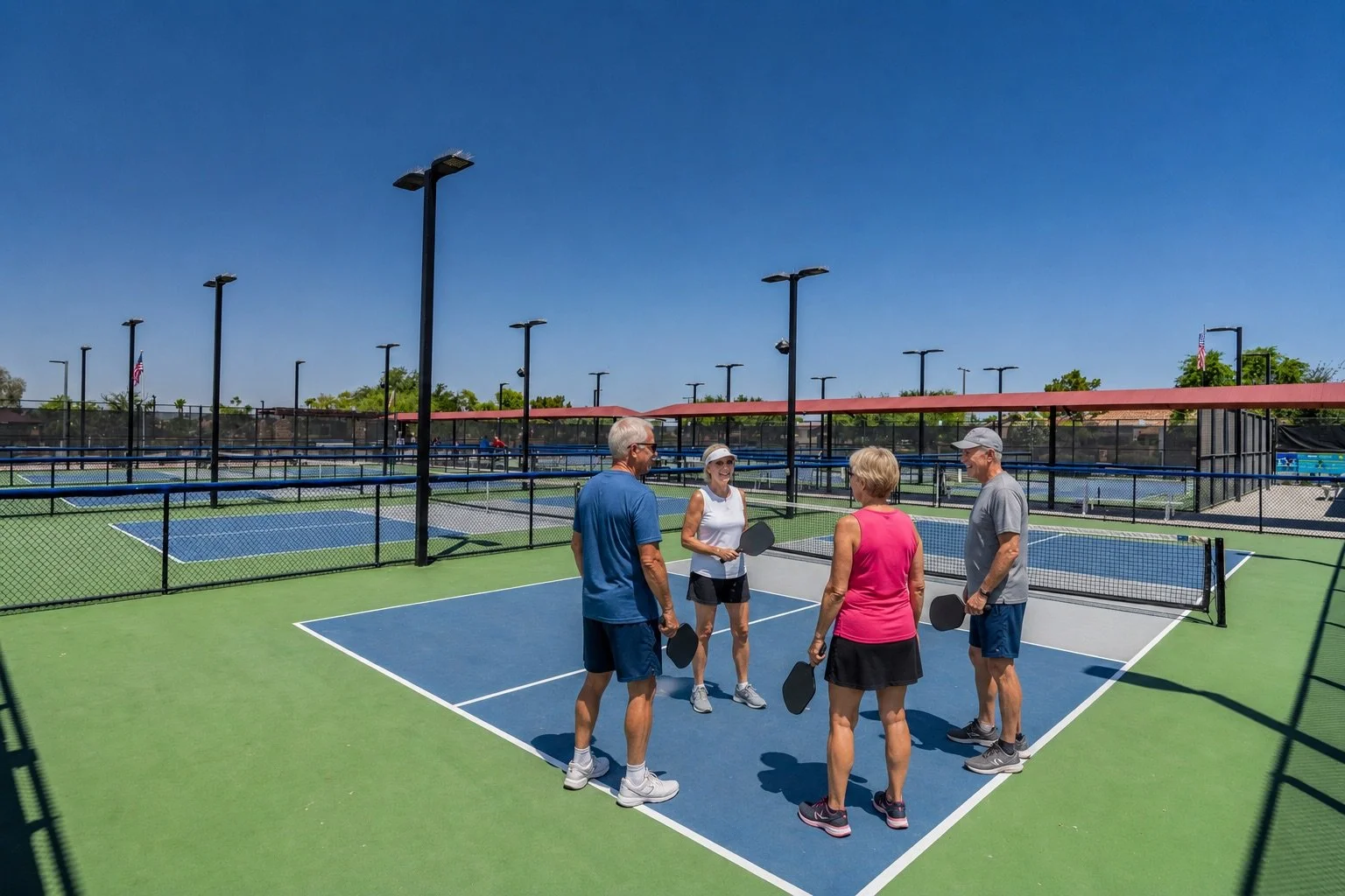 Residents gathering on the pickleball courts at Trilogy at Power Ranch, a 55+ community in Gilbert, Arizona.