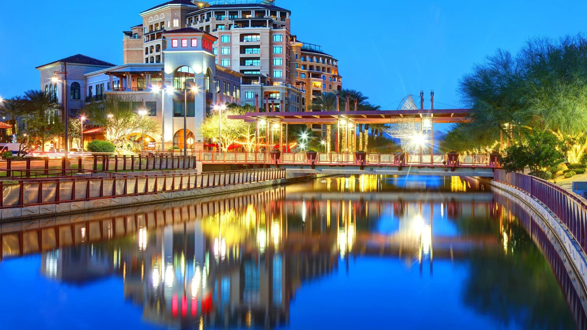 Scottsdale Waterfront canal and luxury residences near Scottsdale Fashion Square in Scottsdale, Arizona.