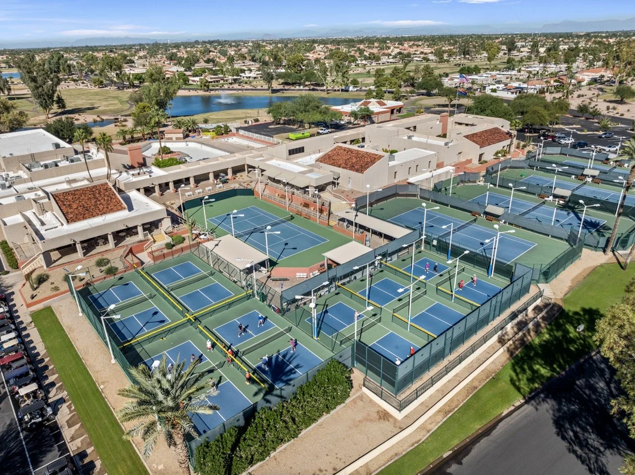 Aerial view of the pickleball HOA 2 complex serving the Cottonwood and Palo Verde communities.