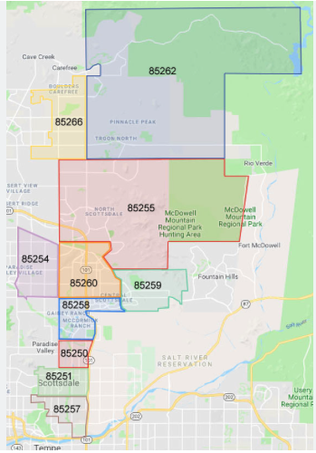 Scottsdale zip code map highlighting neighboring areas from South Scottsdale to North Scottsdale.