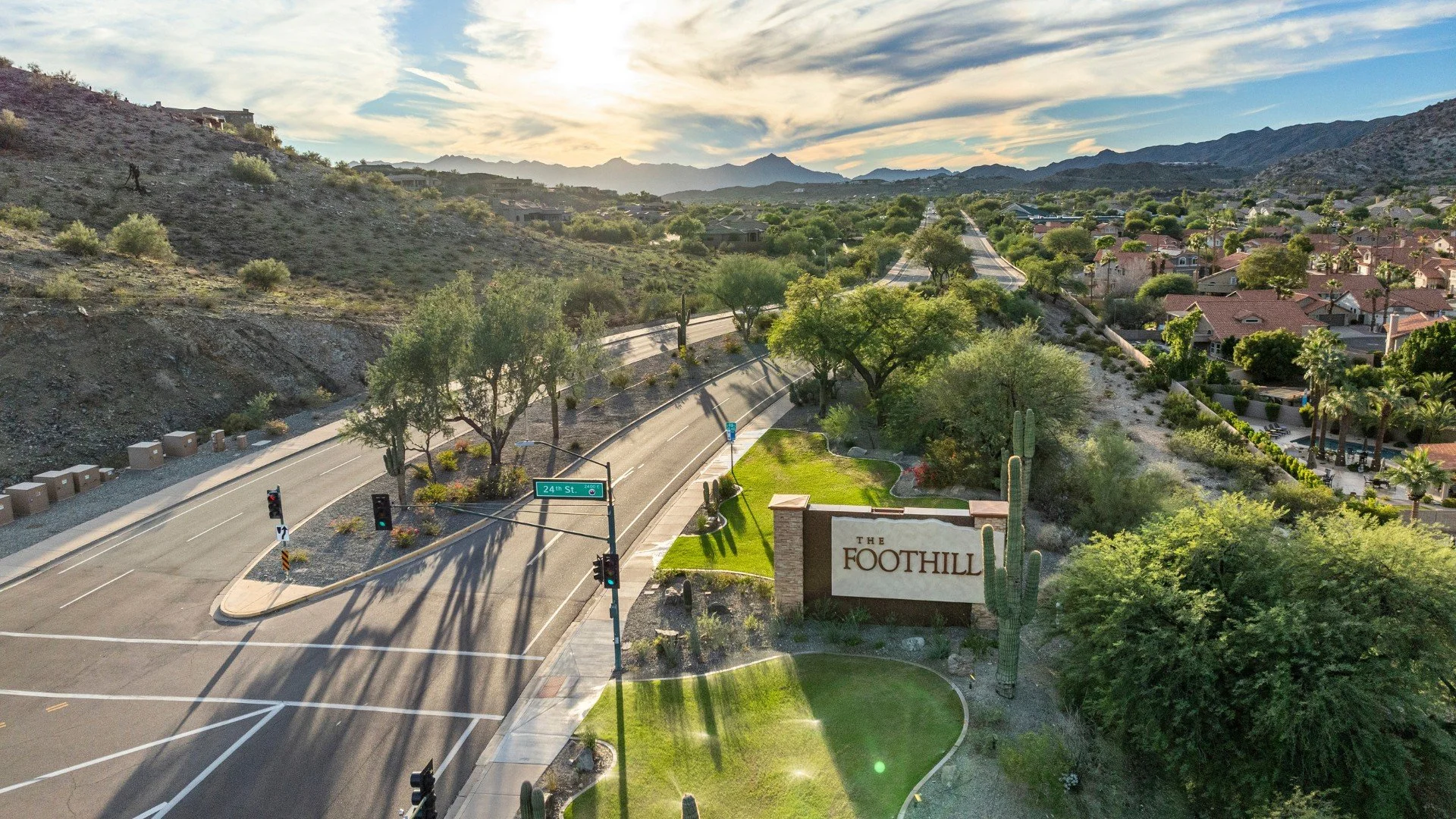 The iconic Ahwatukee Foothills entrance, framed by South Mountain and home to the community's annual Festival of Lights.