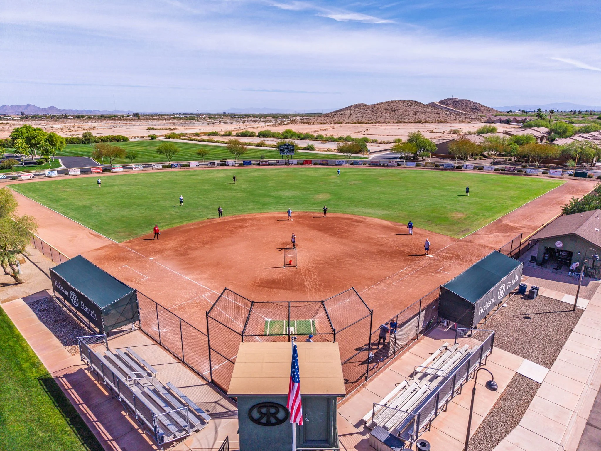 Aerial view of the softball field at Robson Ranch in Eloy, Arizona.