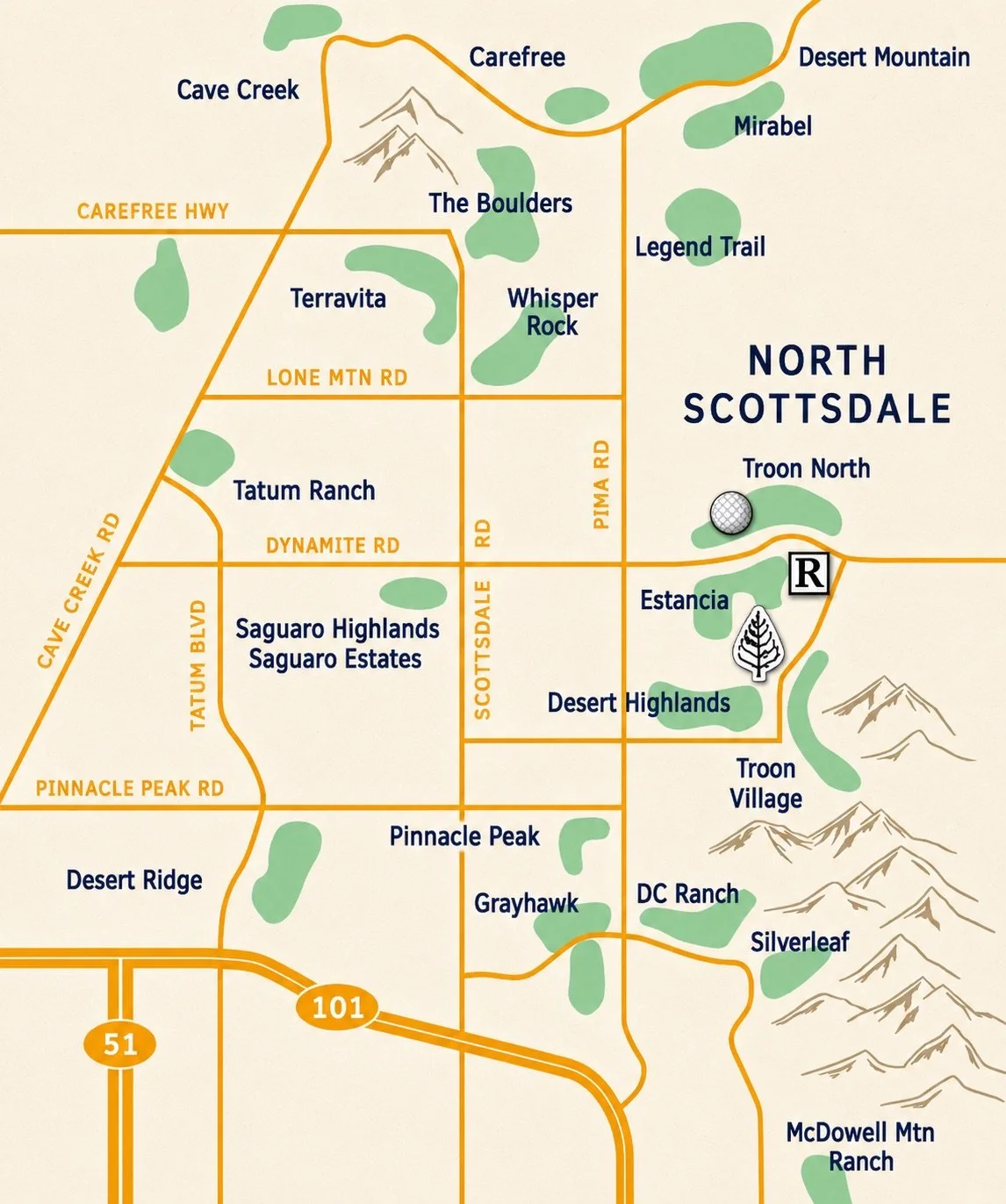 Map of North Scottsdale showing roads, parks, mountains, and neighborhoods including Carefree, Desert Mountain, Mirabel, Legend Trail, Troon North, Estancia, Desert Highlands, Troon Village, Grayhawk, DC Ranch, Silverleaf, McDowell Mountain Ranch, Pinnacle Peak, Desert Ridge, Tatum Highlands, Saguaro Highlands, Saguaro Estates, Pinnacle Peak Road, Cave Creek Road, Tatum Boulevard, Dynamite Road, Pinnacle Peak, and the 101 and 51 highways.