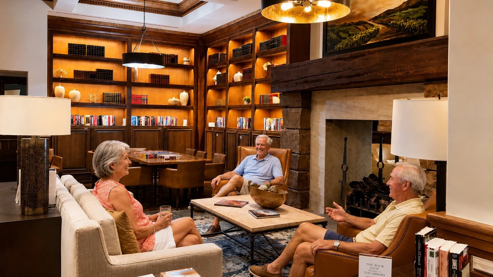 Residents gathering in a comfortable clubhouse lounge at PebbleCreek.