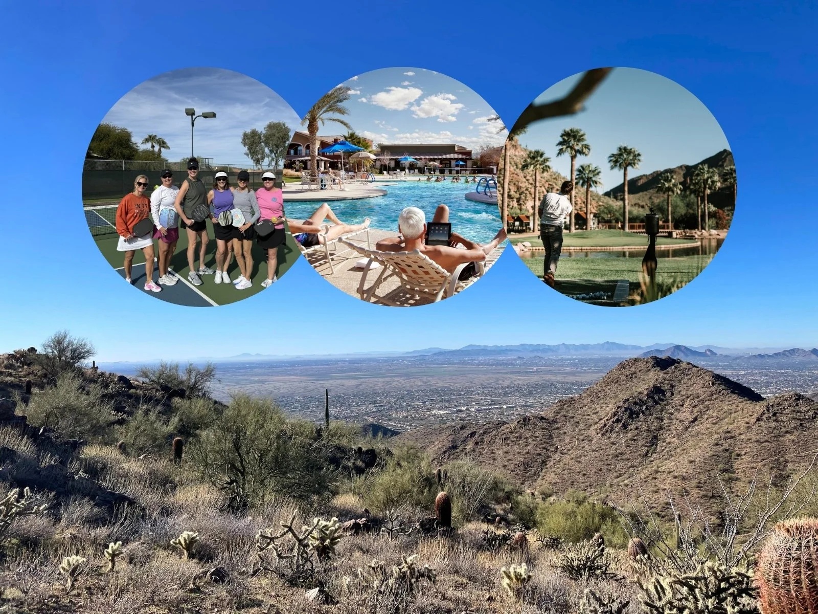 Active adults enjoying pickleball, golf and poolside relaxation with South Mountain in the background.