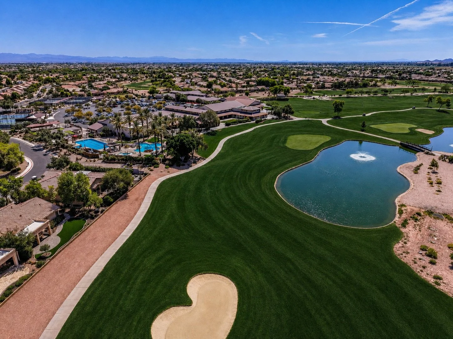 Aerial view of Power Ranch Golf Club which winds through Trilogy at Power Ranch, a 55+ community in Gilbert, Arizona.