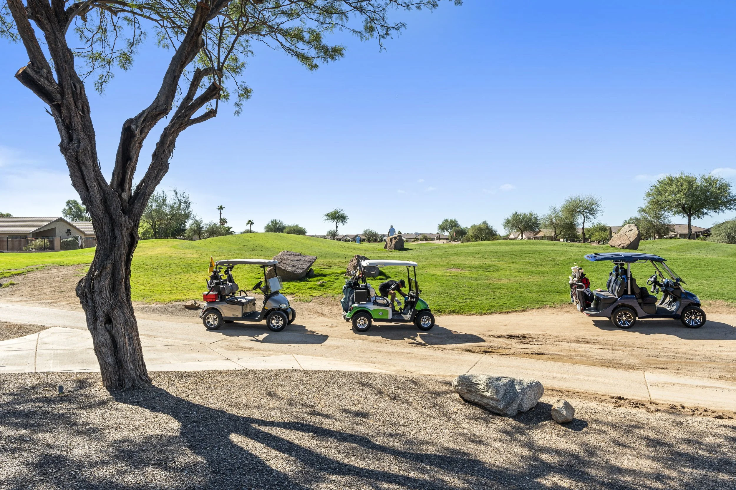 Golf carts at San Tan Highlands Golf Club, the public course than winds through Solera Johnson Ranch.