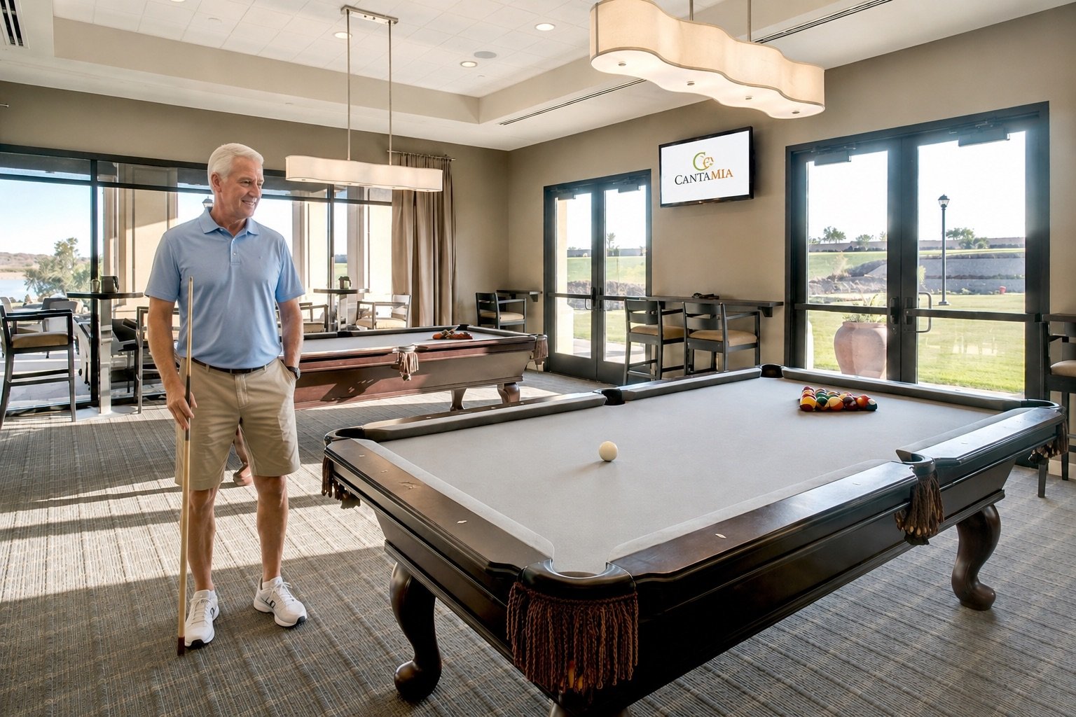 Billards lounge at the Village Center clubhouse in CantaMIa at Estrella with elevated views of the resort pool, lakes and Estrella Mountains.