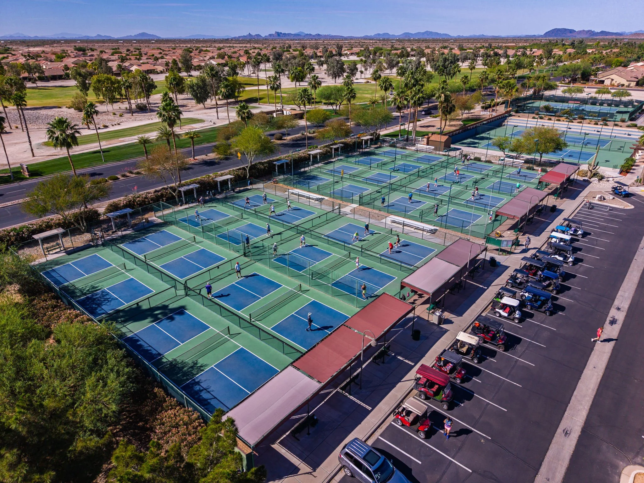 Aerial view of pickleball courts at Robson Ranch in Eloy, Arizona.