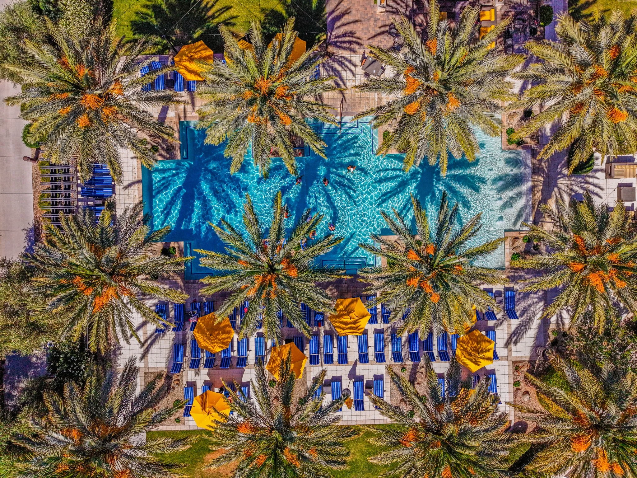 Aerial view of the resort-style pool at La Casa Clubhouse in Encenterra, Queen Creek, Arizona.