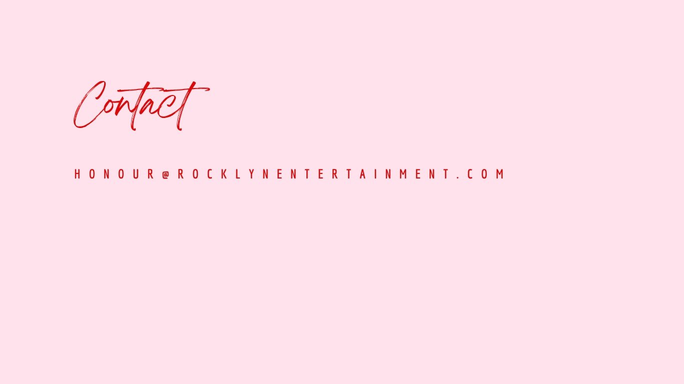Contact page for Rocklyn Entertainment. Pink background with red cursive text that says "Contact" and red email address, honour@rocklynentertainment.com.