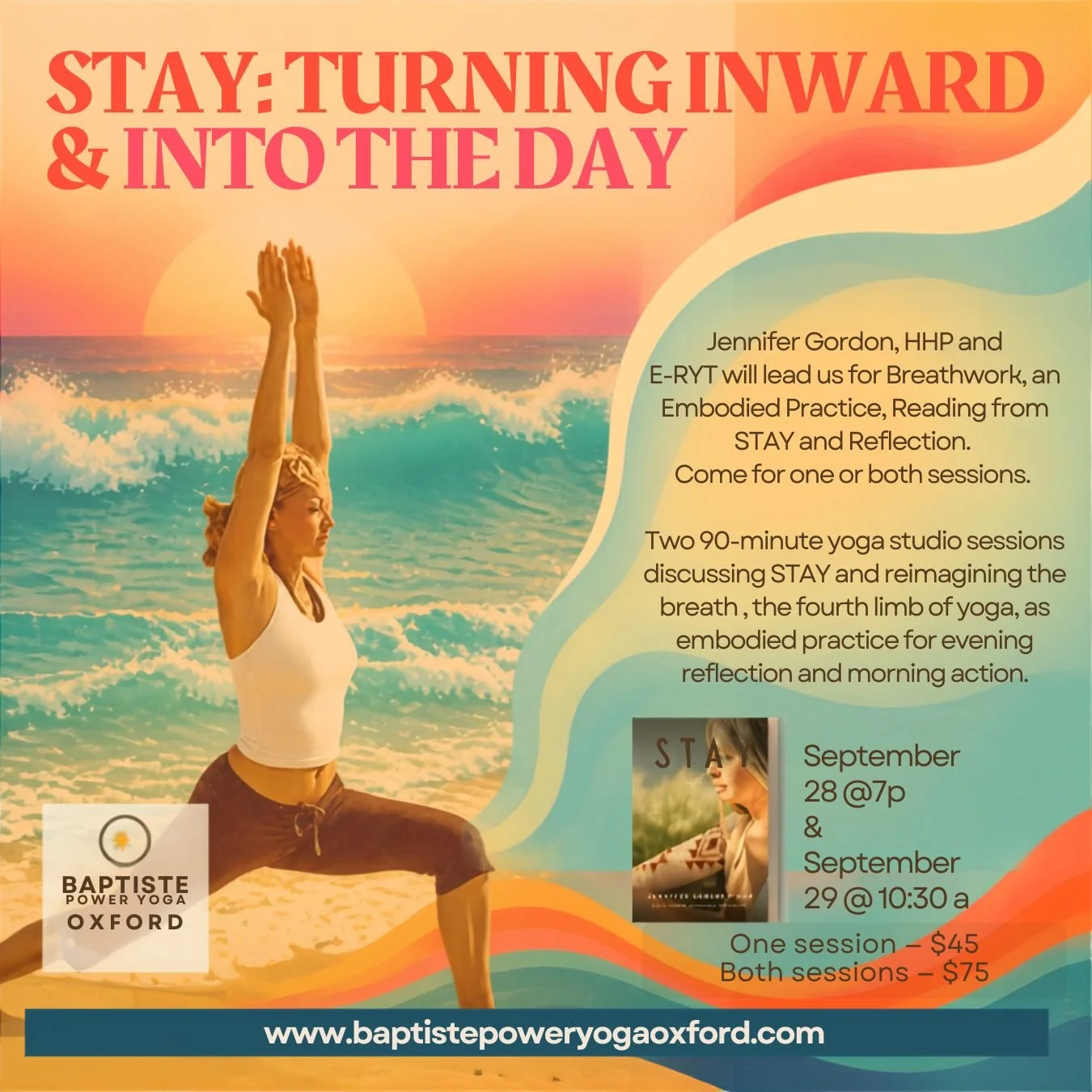 Jennifer Gordon HHP practicing yoga on a beach in Cabo San Lucas at sunset, with the ocean and waves in the background, promoting yoga sessions at Baptiste Power Yoga Oxford.