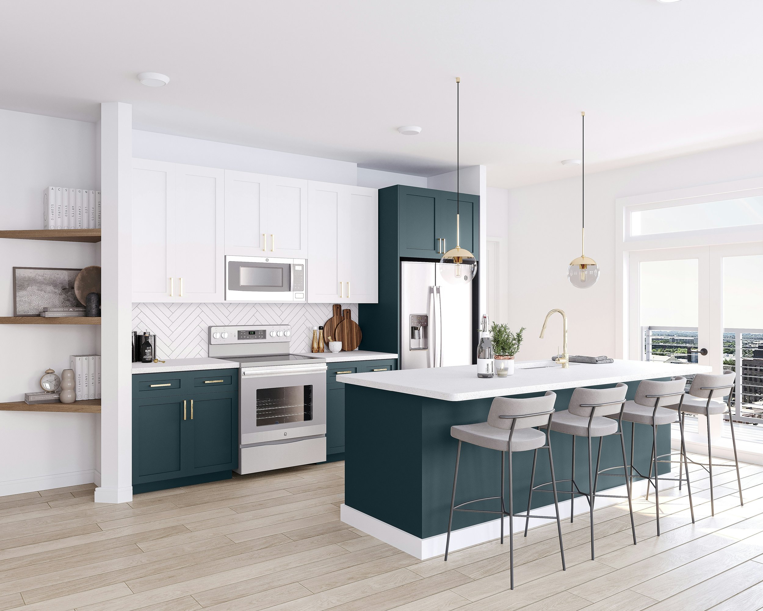 Modern kitchen with white and teal cabinets, stainless steel appliances, a kitchen island with bar stools, pendant lighting, and large windows with a view.