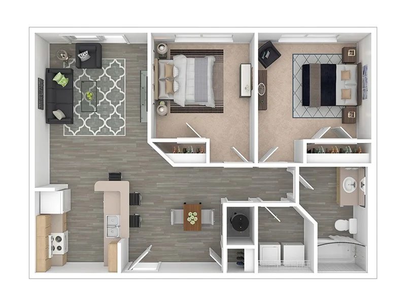 Floor plan of a two-bedroom apartment with a living room, kitchen, dining area, two bedrooms, bathroom, and laundry space.