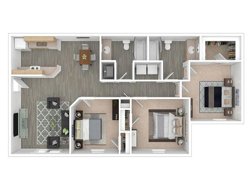Floor plan of a modern apartment with a living room, two bedrooms, a kitchen, dining area, two bathrooms, and a balcony.
