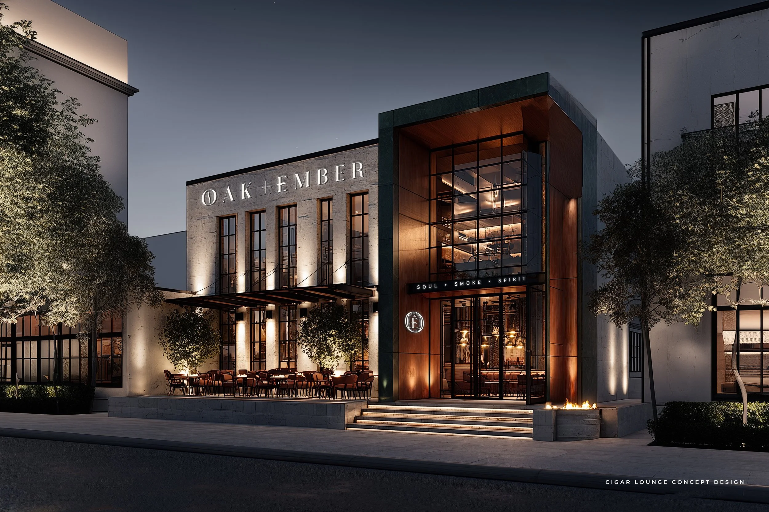 A modern multi-story building named 'Oak Ember' with large glass windows, surrounded by trees and exterior lighting, at dusk. The building features an outdoor seating area with tables and chairs, and a sign indicating it is a cigar lounge concept design.