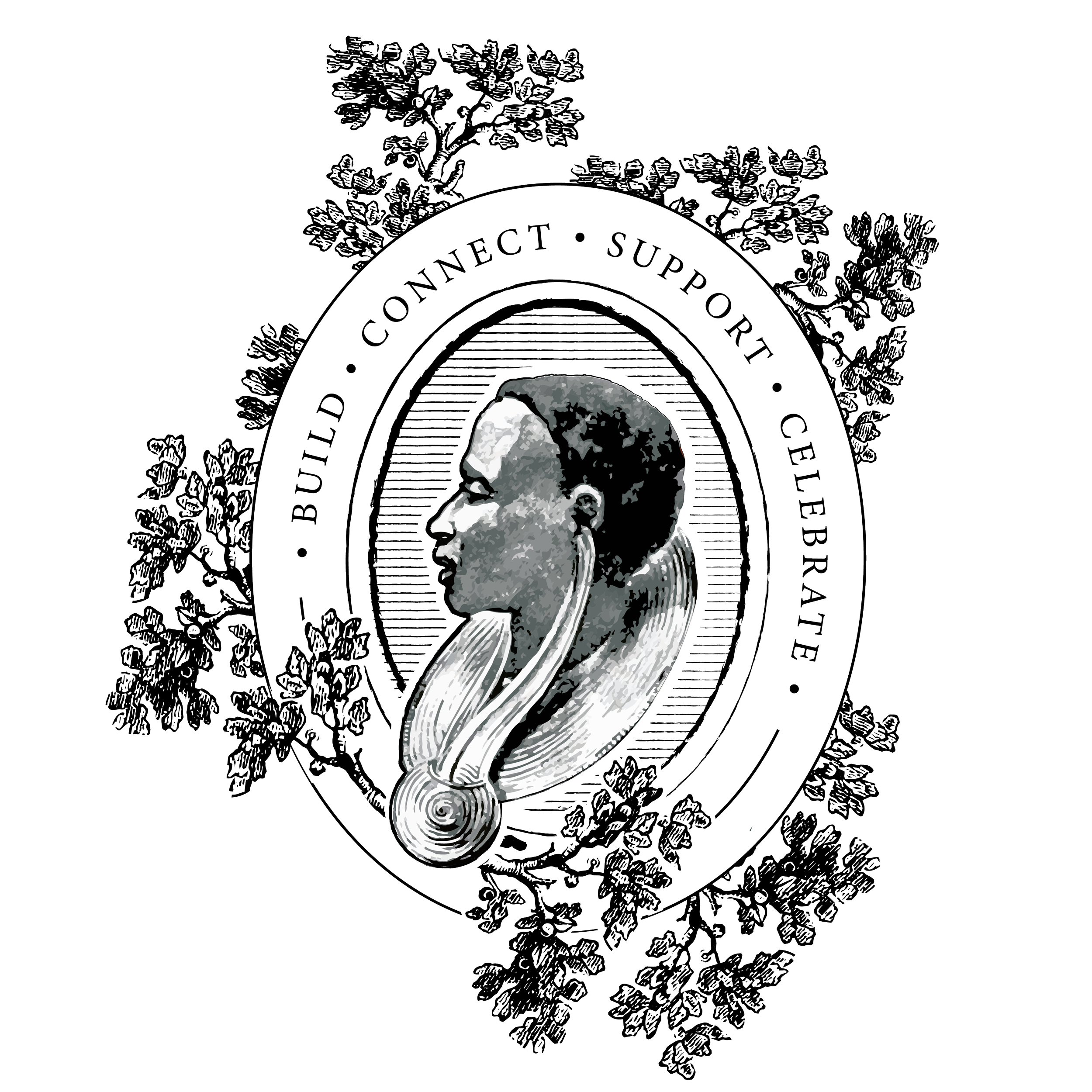 Stylized black and white illustration of a coin featuring a portrait of a man in side profile, surrounded by a detailed circular border with text and ornate decorations, including a tree and floral elements.