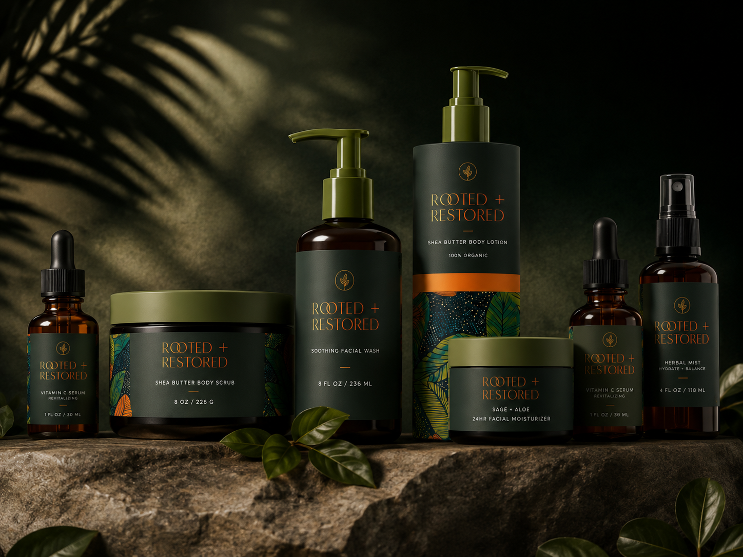 Collection of skincare products with dark green labels, including facial wash, body scrub, moisturizer, and serums on a textured surface with green leaves and shadows in the background.