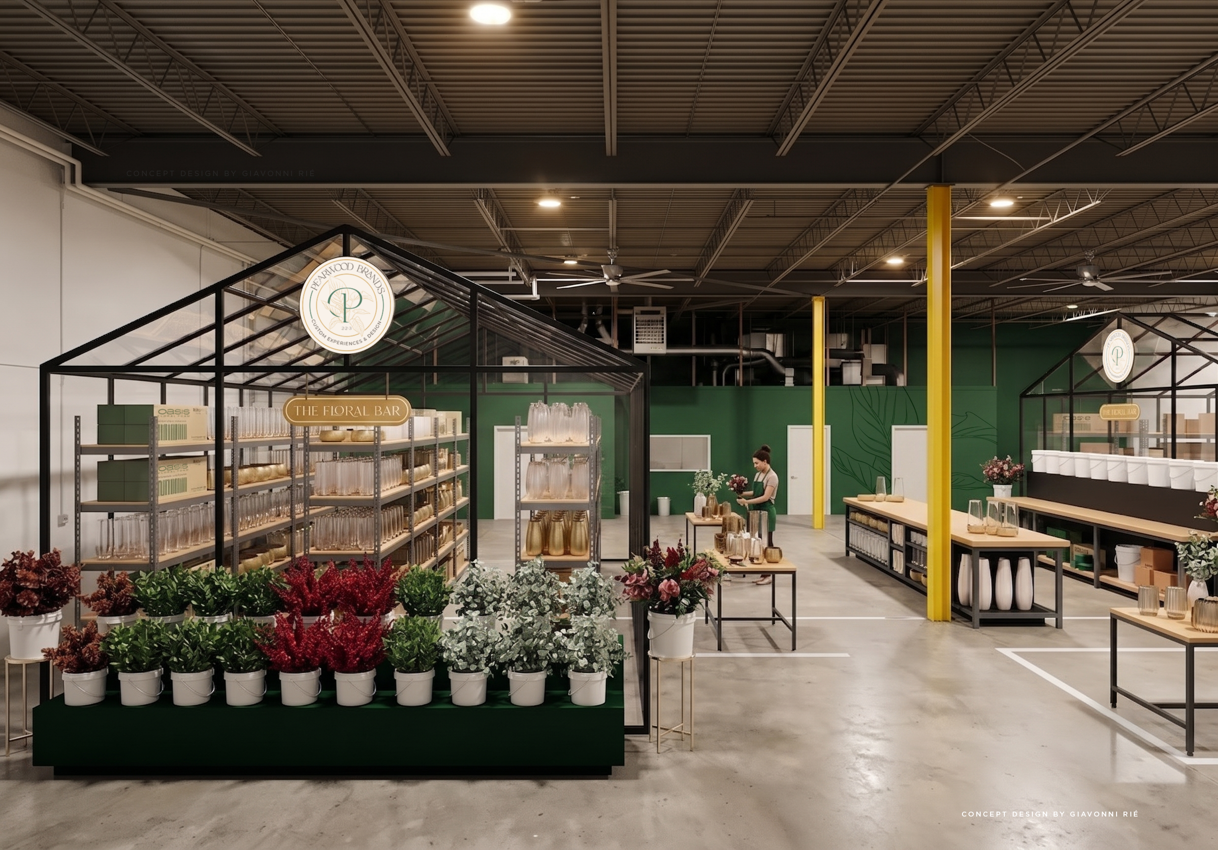 Interior of a retail store with flower and decor displays on shelves and tables, green walls, and yellow vertical support beams.