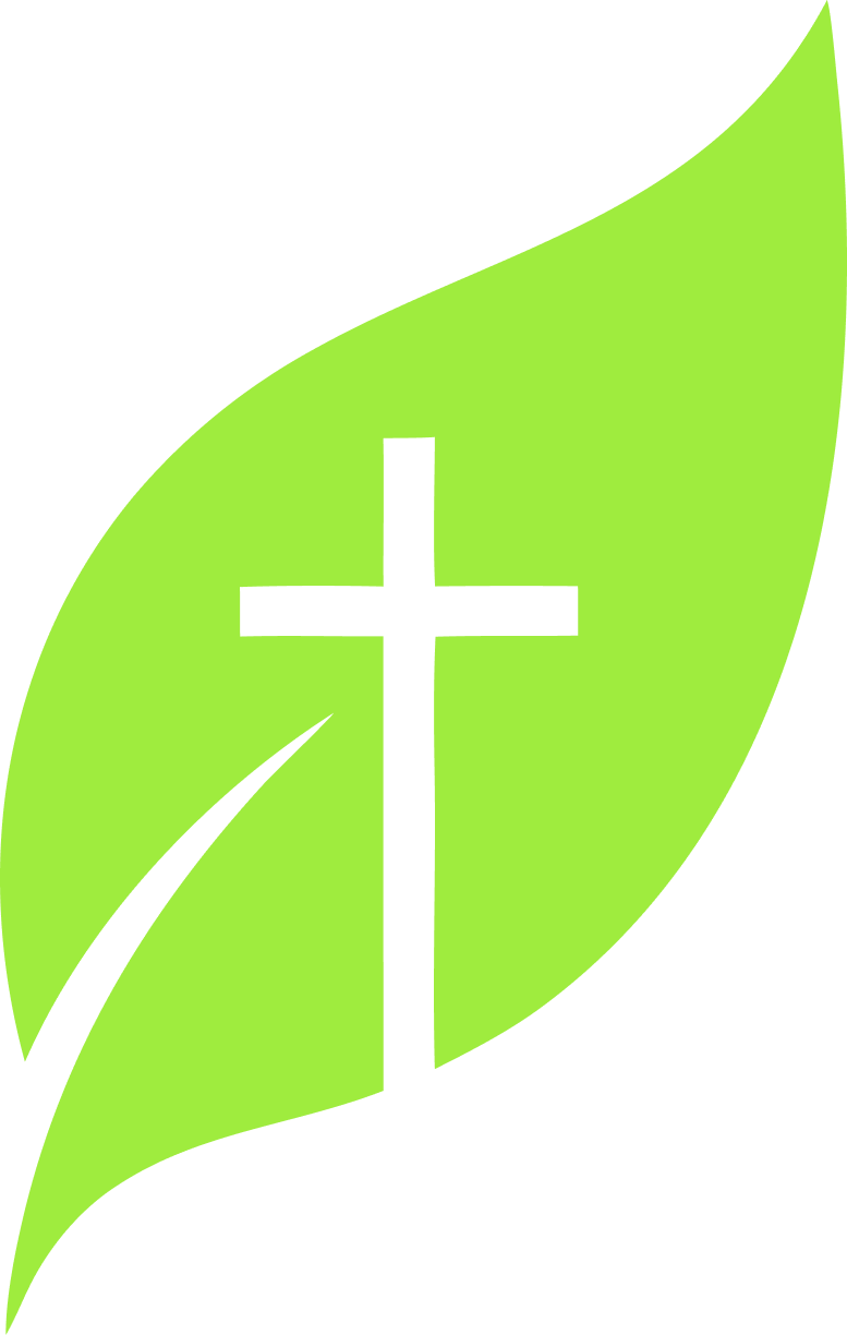 Green leaf with a black Christian cross image in the center.
