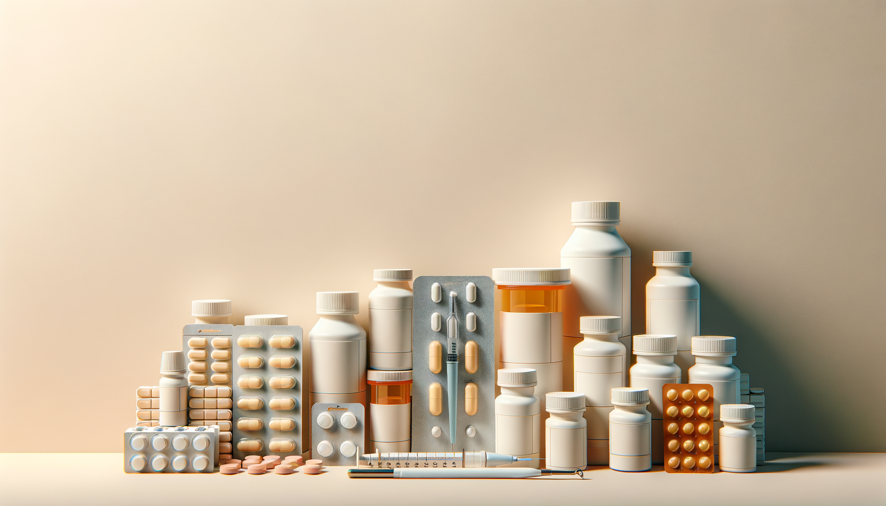 A variety of medicine bottles, blister packs, and pills arranged on a neutral background with some medical equipment such as a syringe and pill organizer.