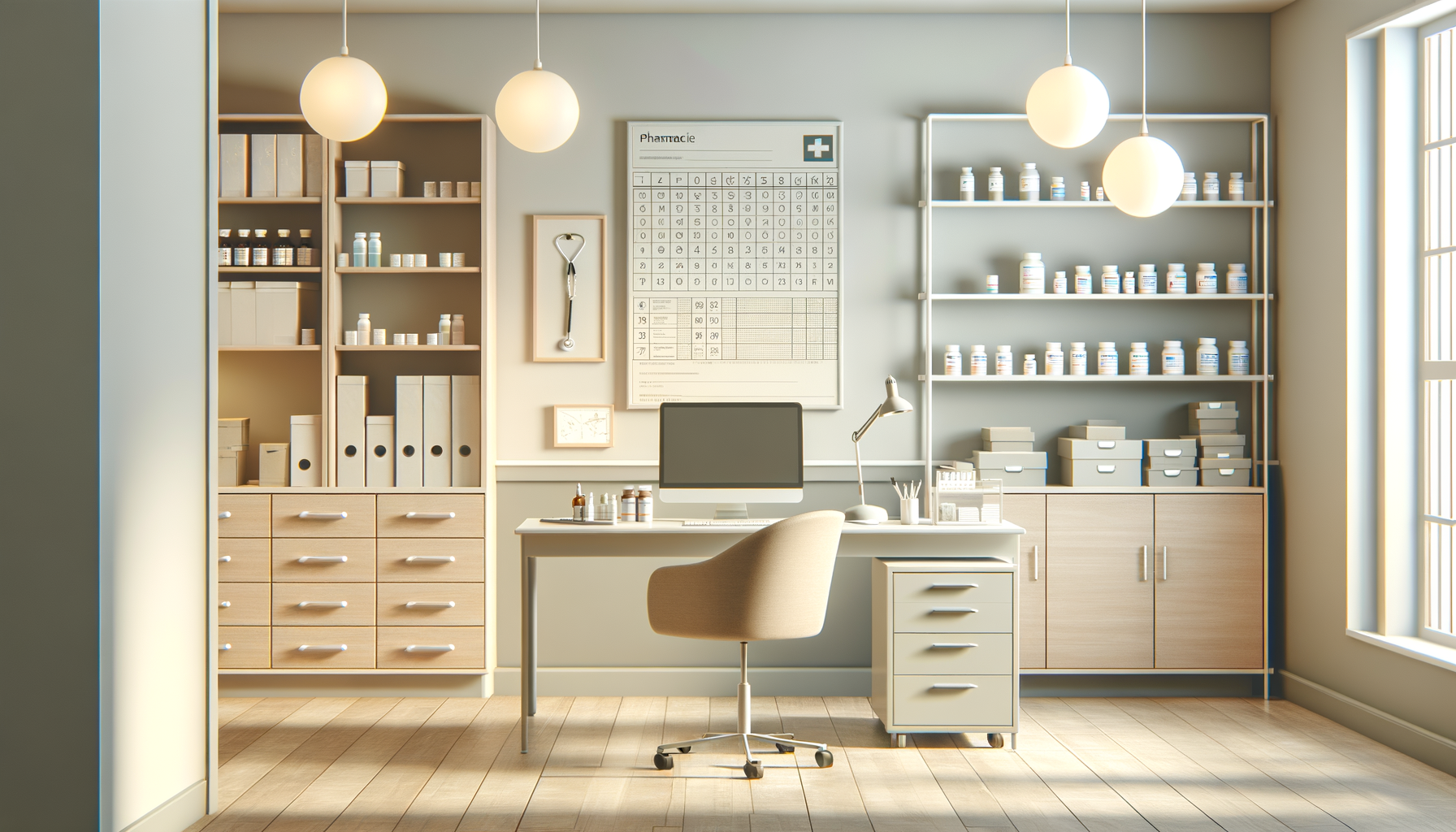 A clean, organized doctor's office or pharmacy with shelves of medication bottles and boxes, a computer on the desk, medical tools on the wall, and large windows letting in natural light.
