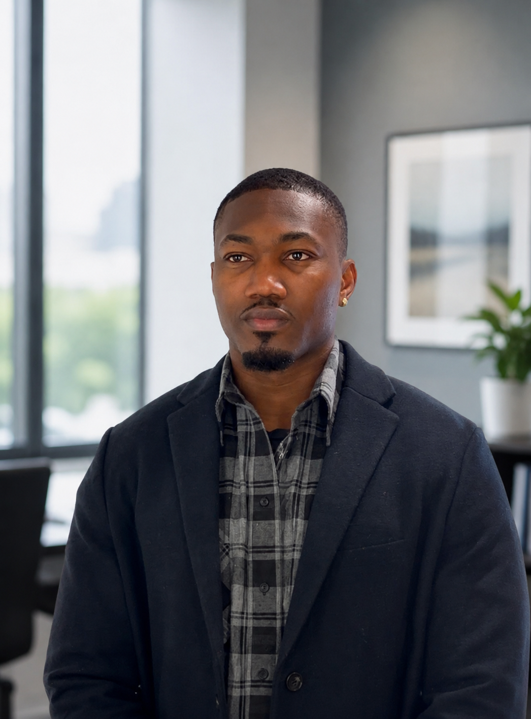 Portrait of a young Black man in business attire, standing in an office with large windows and modern decor.