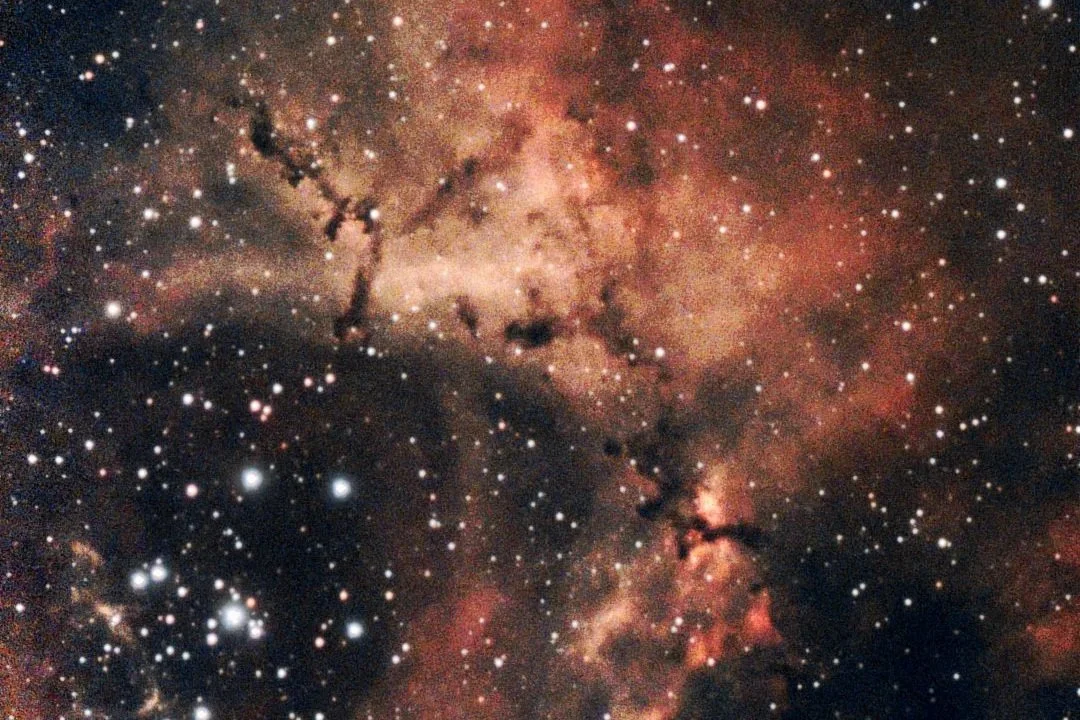 A detailed image of outer space showing numerous stars, nebulae, and cosmic dust clouds.