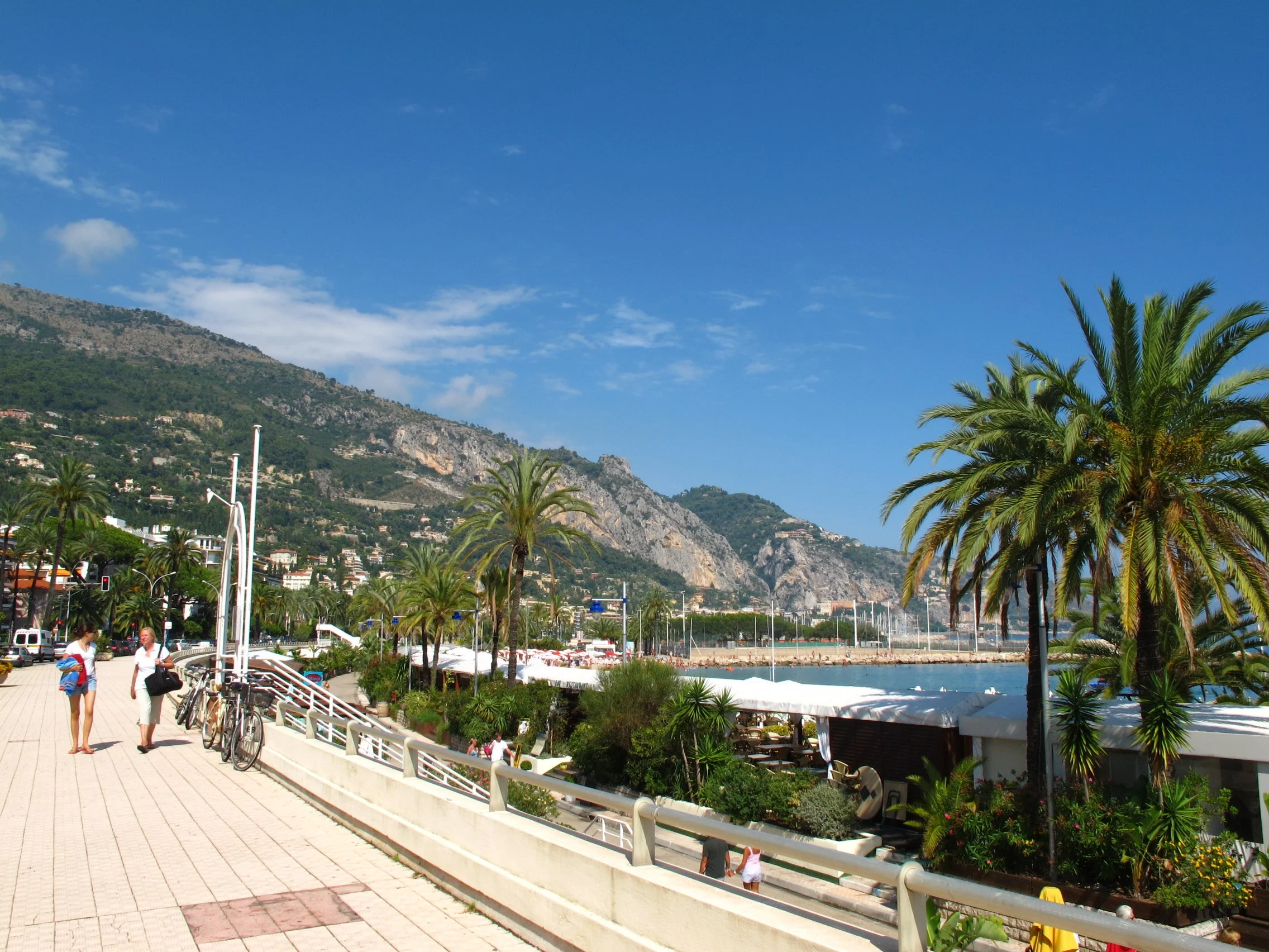 People walking along a paved walkway lined with palm trees, with a mountain in the background and a marina with boats to the right.