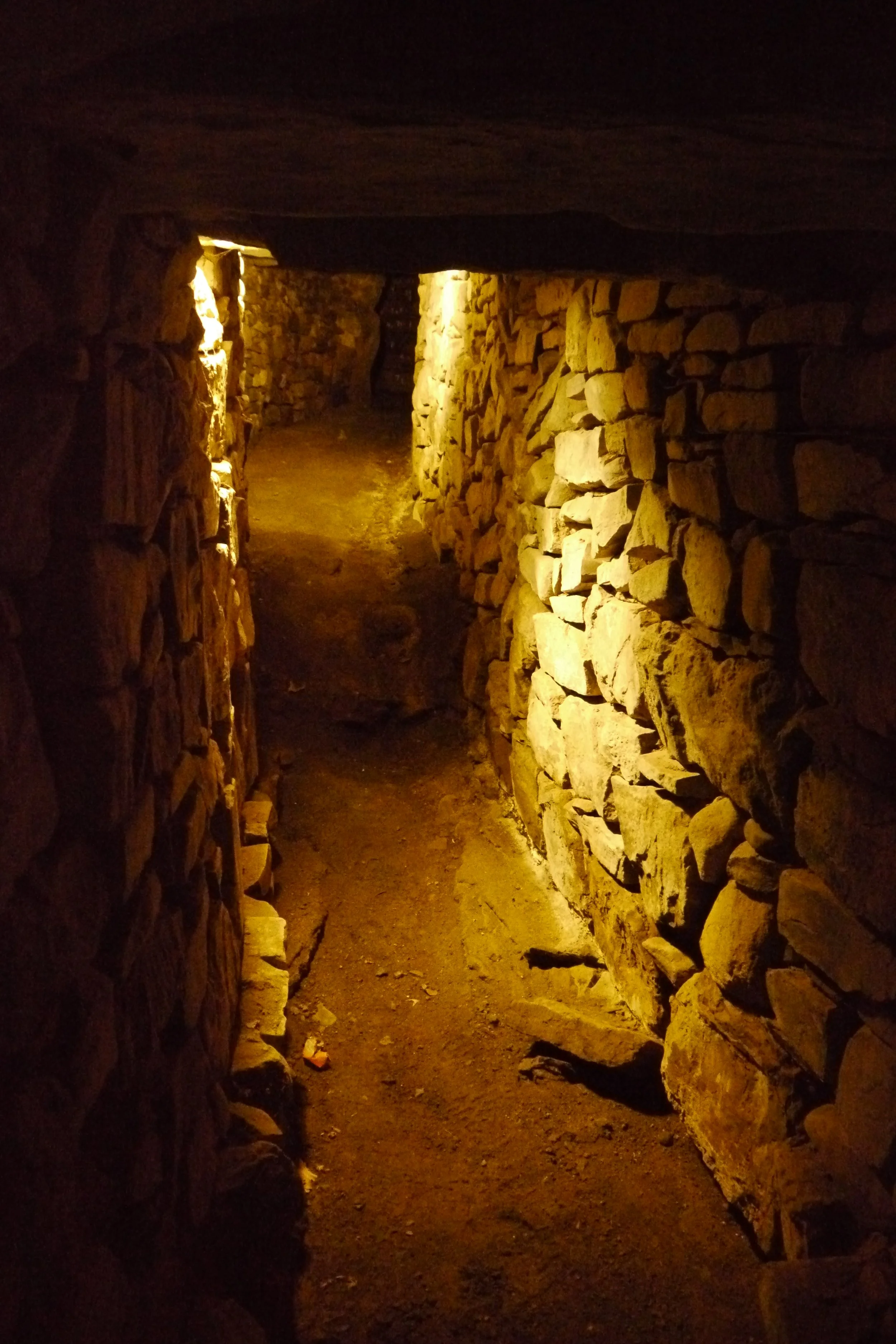 A narrow, dimly lit stone corridor with rough stone walls on either side and a dirt floor, illuminated by warm, yellow lighting.