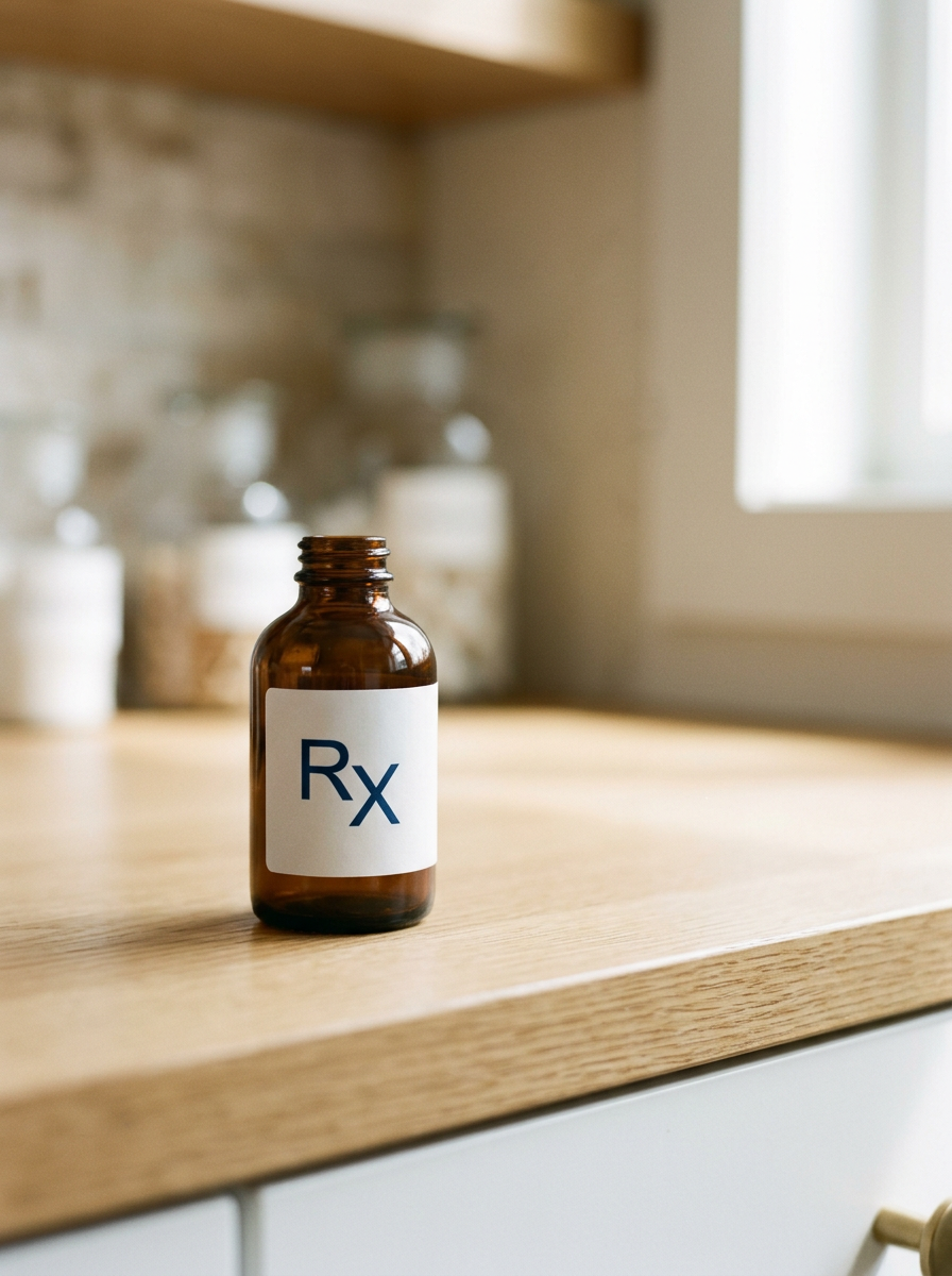 A brown prescription medication bottle with a white label reading 'Rx' on a wooden kitchen countertop near a window.