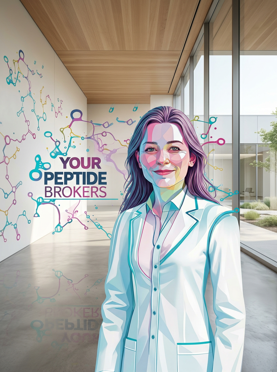 Illustration of a woman in a white lab coat with colorful hair standing in a modern, bright office with large glass windows. The background features a wall with molecular structures and the text "Your Peptide Brokers."