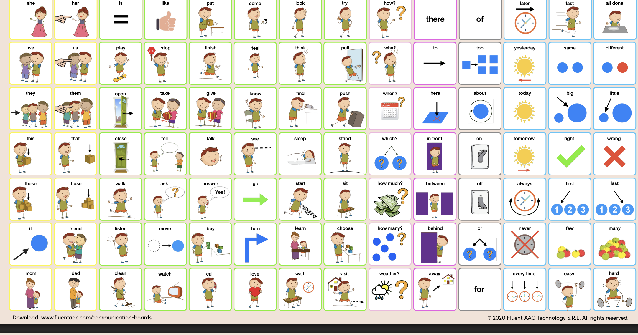 A communication board with symbols and words for basic English phrases and questions, organized in rows and columns with colorful borders, illustrations of children, and various icons including clocks, arrows, and objects.